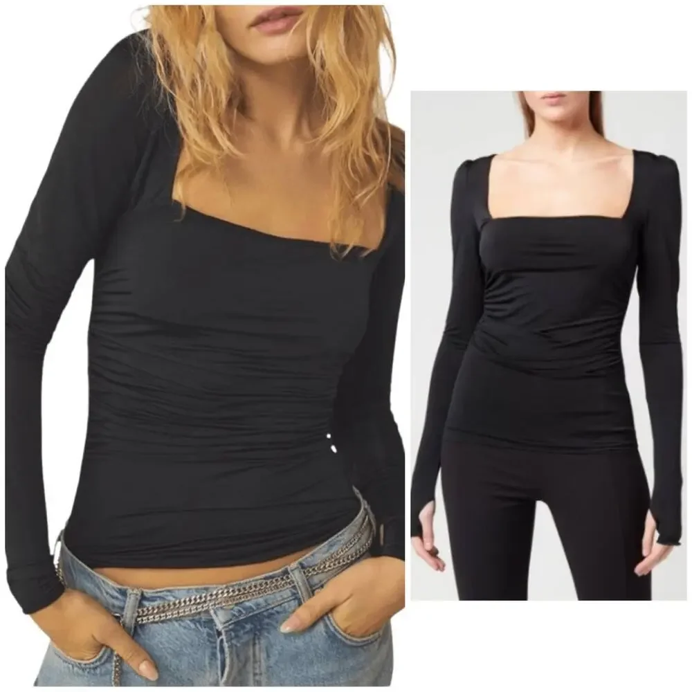 Free People Wind Down Layering Top in Black Size XS Stretch Jersey Ruched Chic